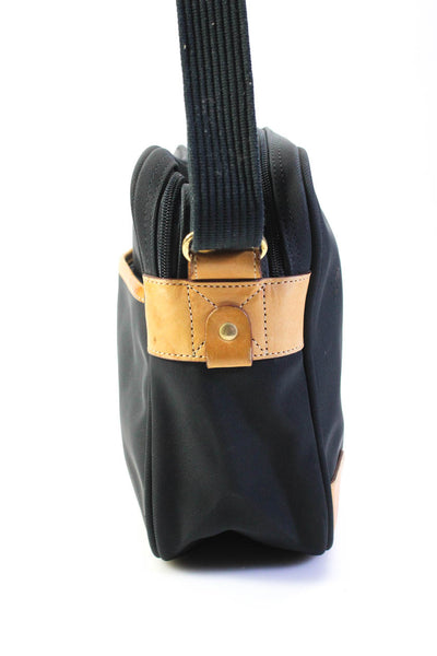 Lancel Womens Dark Navy Canvas Brown Leather Trim Zip Messenger Bag Handbag
