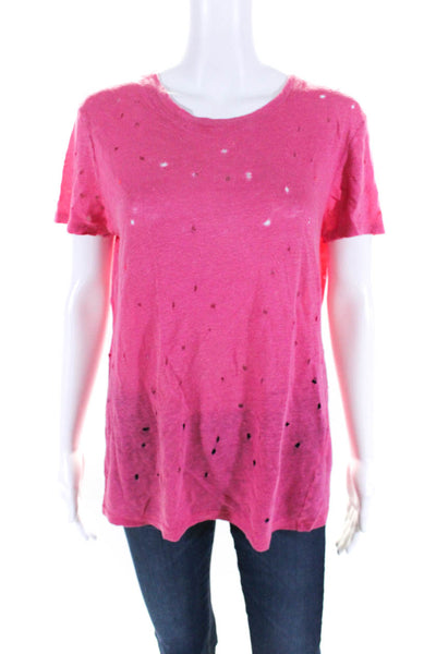 IRO Womens Distressed Short Sleeve Lightweight Clay T-Shirt Top Hot Pink Size S