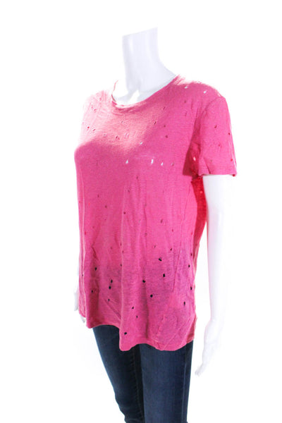 IRO Womens Distressed Short Sleeve Lightweight Clay T-Shirt Top Hot Pink Size S