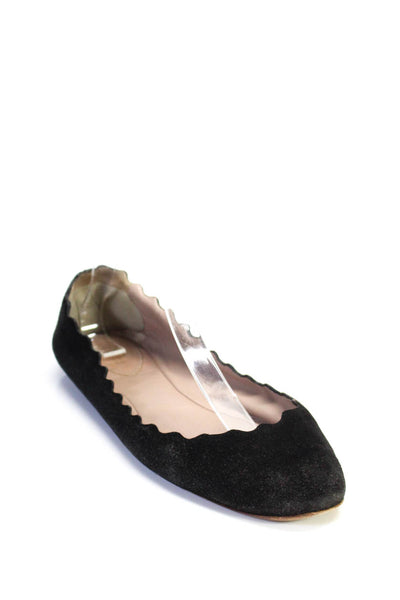 Chloe Women's Round Toe Suede Scallop Edge Ballet Flat Shoes Black Size 10