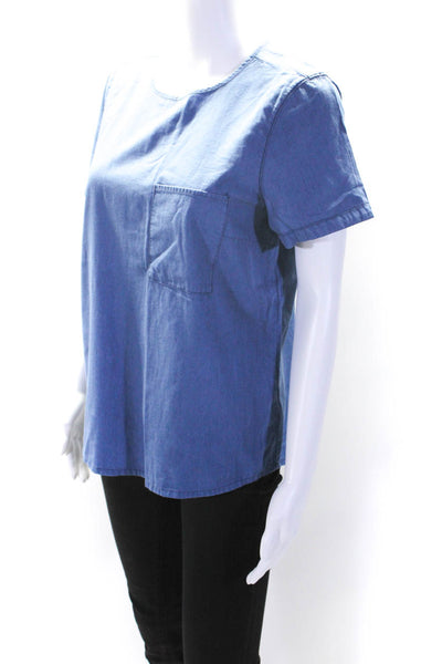 Madewell Womens Blue Cotton Crew Neck Pocket Short Sleeve Blouse Top Size M