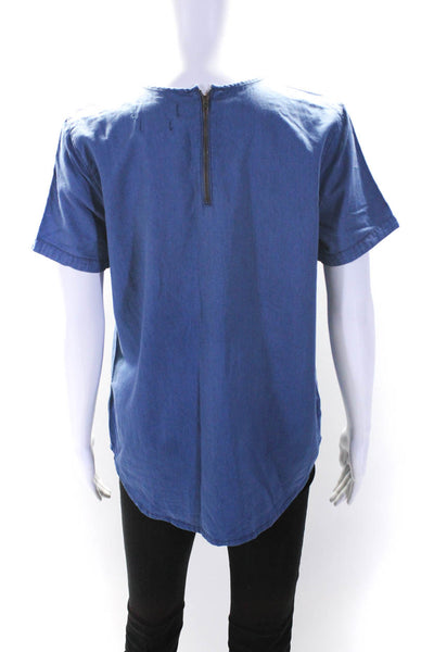 Madewell Womens Blue Cotton Crew Neck Pocket Short Sleeve Blouse Top Size M