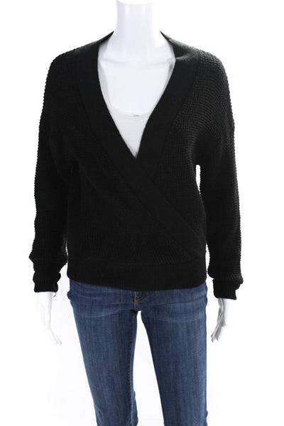 ASTR Womens Knitted Crossed V-Neck Textured Pullover Sweater Black Size XS