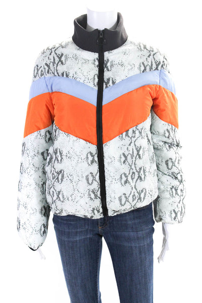 Central Park West Women Snake Print Chevron Puffer Coat White Orange Blue Medium