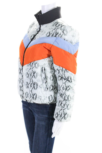 Central Park West Women Snake Print Chevron Puffer Coat White Orange Blue Medium