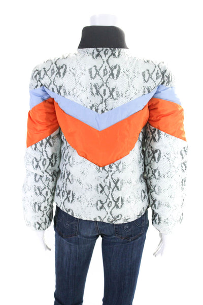 Central Park West Women Snake Print Chevron Puffer Coat White Orange Blue Medium