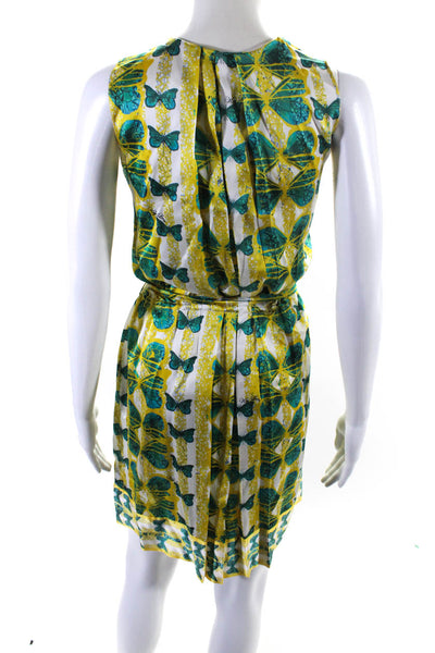 Key Leaf Womens Graphic Pleated Darted Belted Sleeveless Dress Yellow Size S