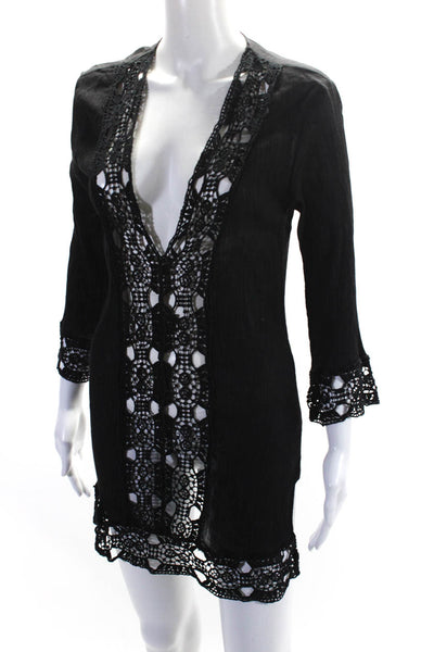 La Blanca Womens Cotton Embroidered Long Sleeve Swimsuit Coverup Black Size XS