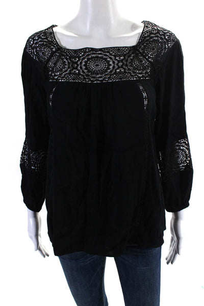 Joie Womens Sheer Panel Round Neck Long Sleeve Pullover Blouse Top Black Size XS