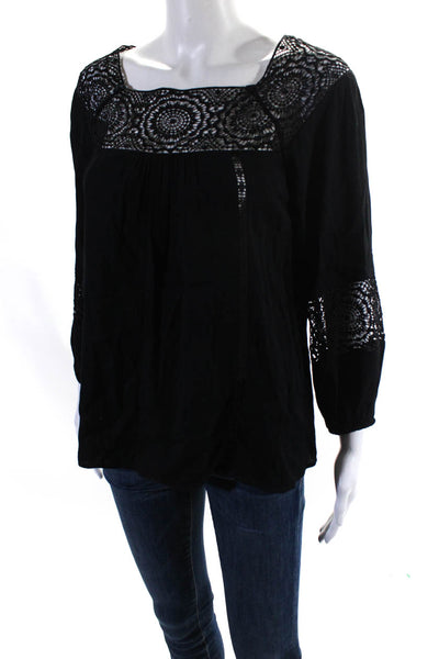 Joie Womens Sheer Panel Round Neck Long Sleeve Pullover Blouse Top Black Size XS