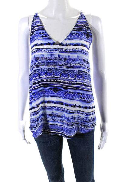 Rory Beca Womens Silk Abstract Rounded Hem V-Neck Pullover Tank Top Blue Size M