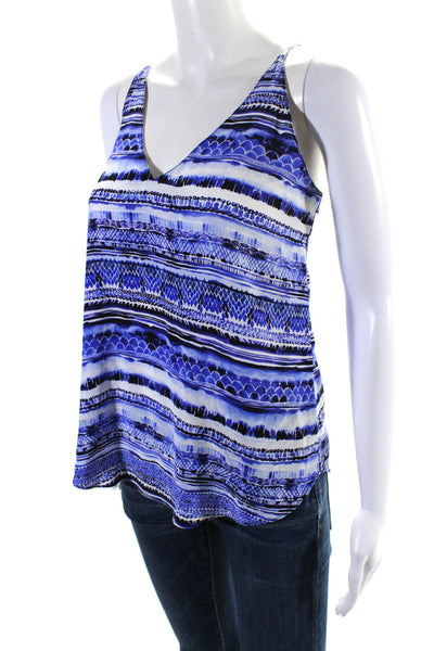 Rory Beca Womens Silk Abstract Rounded Hem V-Neck Pullover Tank Top Blue Size M