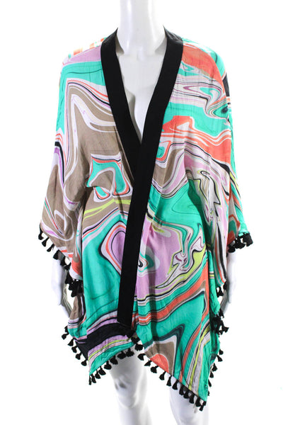 Trina Turk Womens Abstract Tassel Trim Open Front Kimono Multicolor Size OS