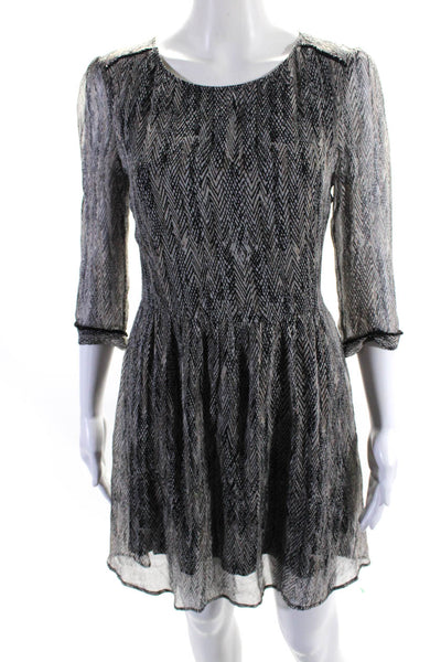 Ella Moss Womens Silk Striped Beaded Trimmed Round Neck Sheath Dress Gray Size S