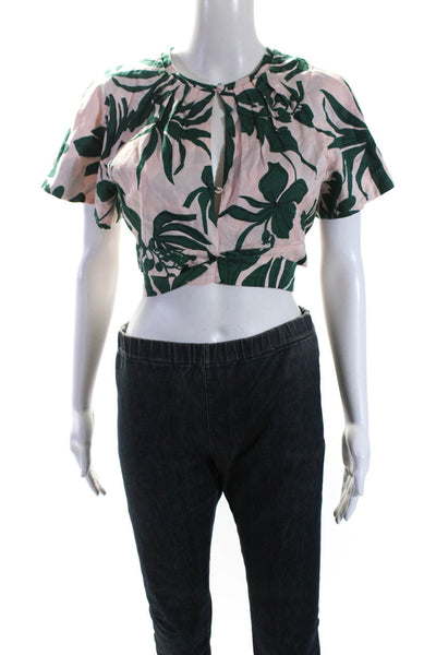 Alexis Womens Back Zip Short Sleeve V Neck Printed Crop Shirt Pink Green Large