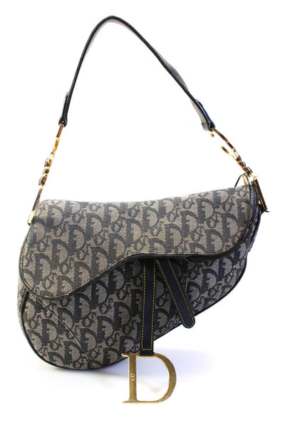 Christian Dior Womens Vintage Diorissimo Oblique Canvas Saddle Bag Handbag Navy