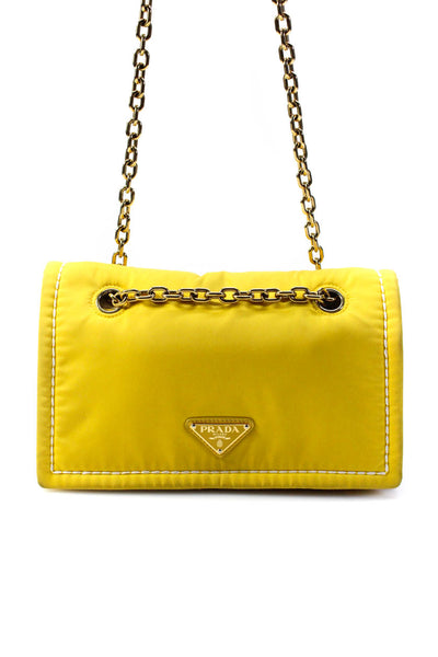 Prada Womens Tessuto Nylon Flap Chain Shoulder Bag Handbag Yellow