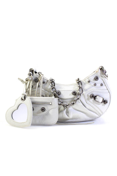 Balenciaga Womens Le Cagole XS Zip Top Leather Shoulder Bag with Chain White