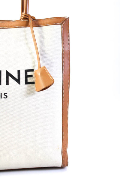Celine Womens Leather Trim Canvas Vertical Cabas Tote Handbag Brown White