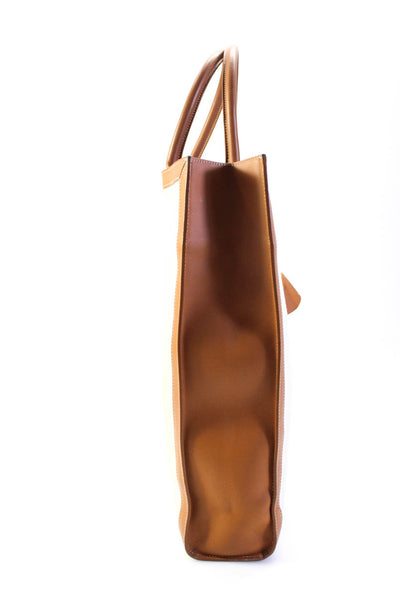Celine Womens Leather Trim Canvas Vertical Cabas Tote Handbag Brown White