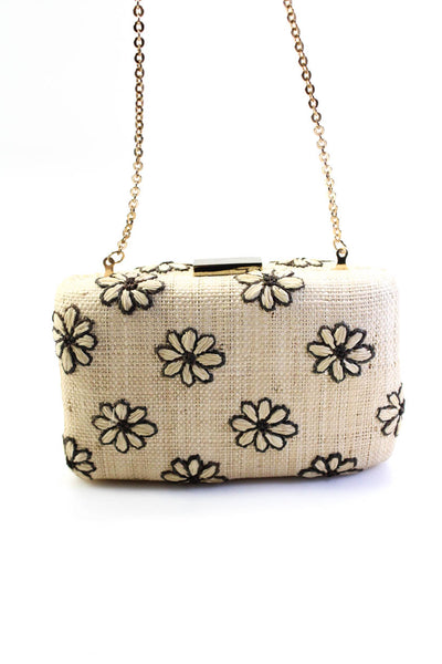 Kayu Womens Chain-Link Strap Small Floral Raffia Clutch Handbag Beige Black
