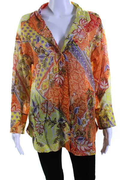 Muze Womens Button Front Long Sleeve V Neck Floral Shirt Orange Multi Size Small