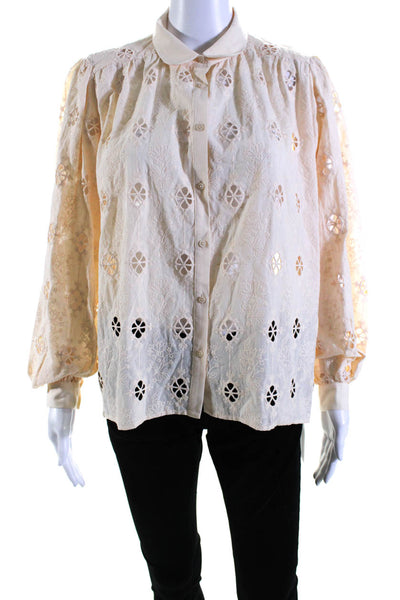 Maje Womens Button Front Long Sleeve Collared Embroidered Shirt Beige Size IT 38