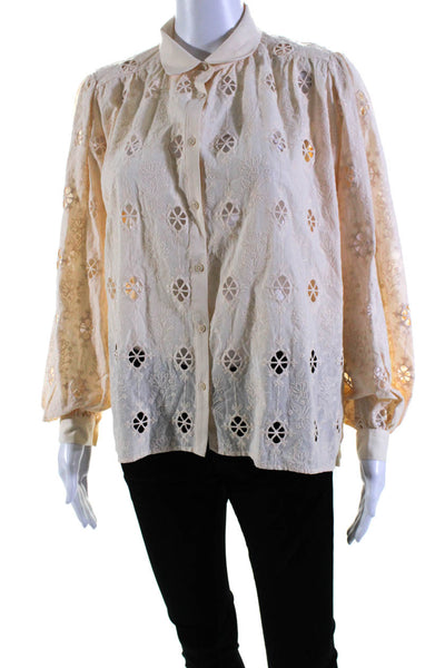 Maje Womens Button Front Long Sleeve Collared Embroidered Shirt Beige Size IT 38