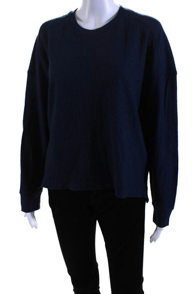 ATM Womens Long Sleeve Crew Neck Waffle Knit Sweatshirt Navy Blue Size Medium