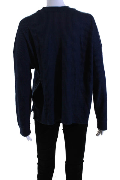 ATM Womens Long Sleeve Crew Neck Waffle Knit Sweatshirt Navy Blue Size Medium