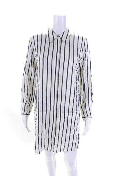 T Tahari Womens Striped Button Down Shirt Dress White Navy Blue Size Small