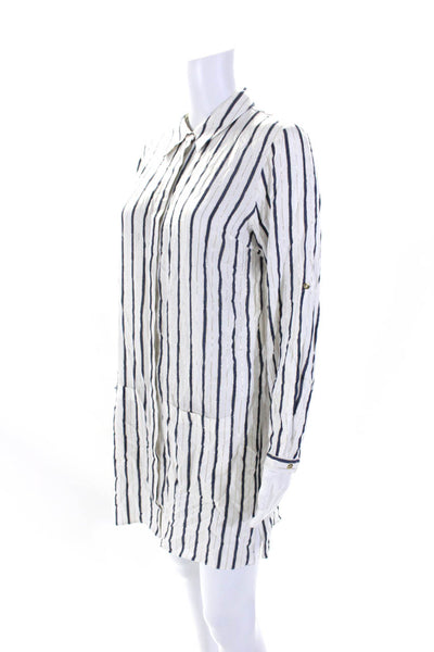 T Tahari Womens Striped Button Down Shirt Dress White Navy Blue Size Small