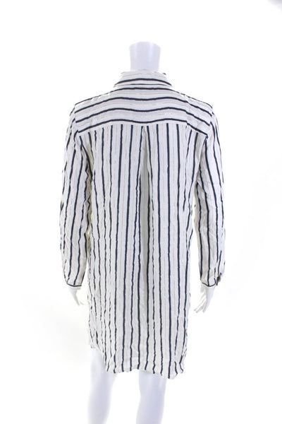 T Tahari Womens Striped Button Down Shirt Dress White Navy Blue Size Small