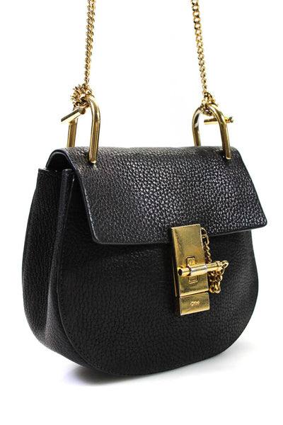 Chloe Womens Mini Leather Flap Chain Piston Drew Bag Crossbody Handbag Black
