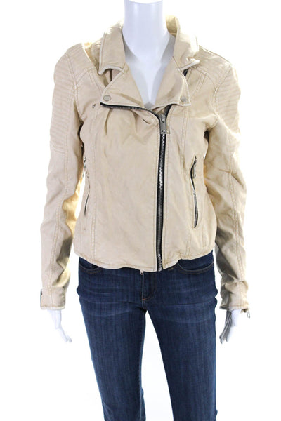 Blank NYC Womens Asymmetrical Faux Leather Moto Jacket Beige Size Medium