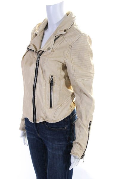 Blank NYC Womens Asymmetrical Faux Leather Moto Jacket Beige Size Medium