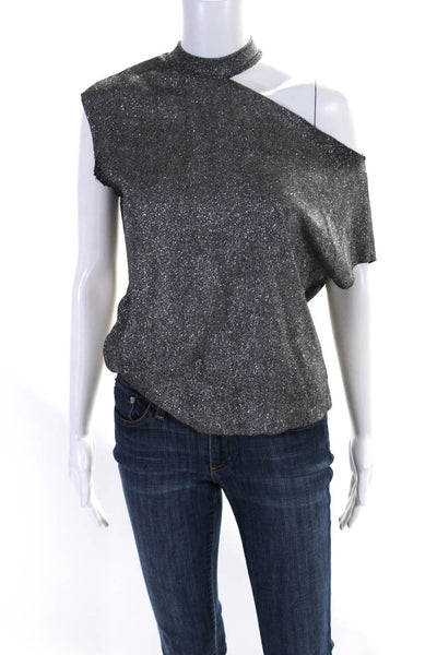 R+A Womens Metallic Lurex Cold Shoulder Choker Top Blouse Silver Size XS