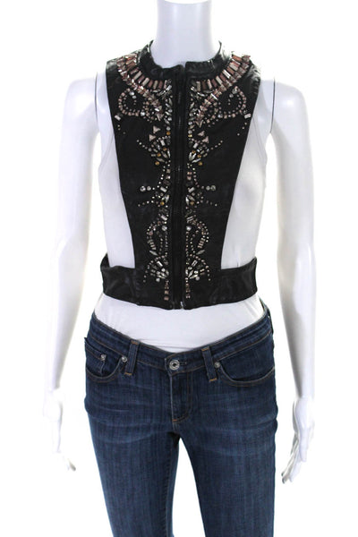 Amen Womens Embellished Rhinestone Leather Harness Vest Black Size IT 40