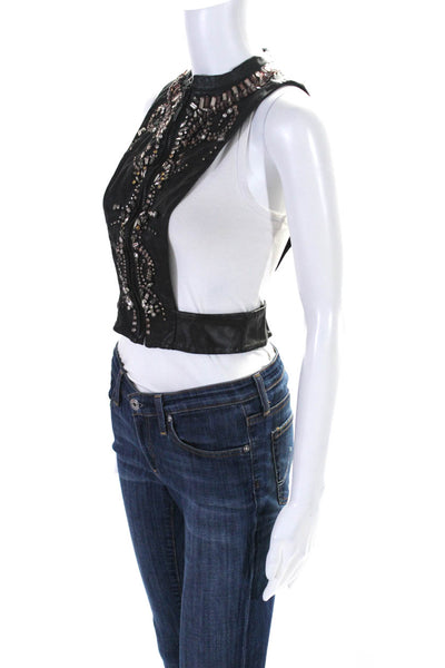 Amen Womens Embellished Rhinestone Leather Harness Vest Black Size IT 40