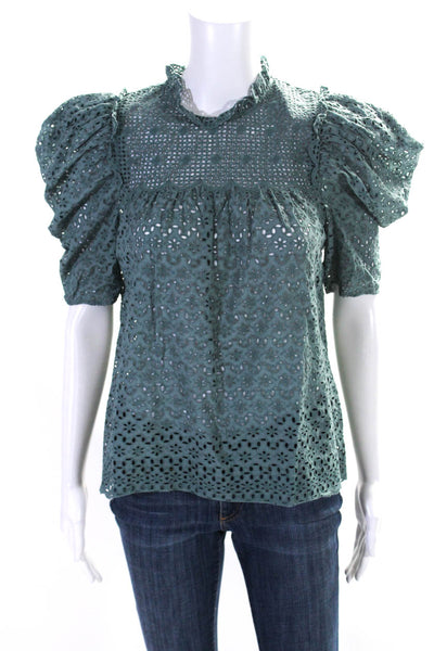 Ulla Johnson Womens Embroidered Eyelet Puff Sleeve Top Blouse Teal Blue Size 0