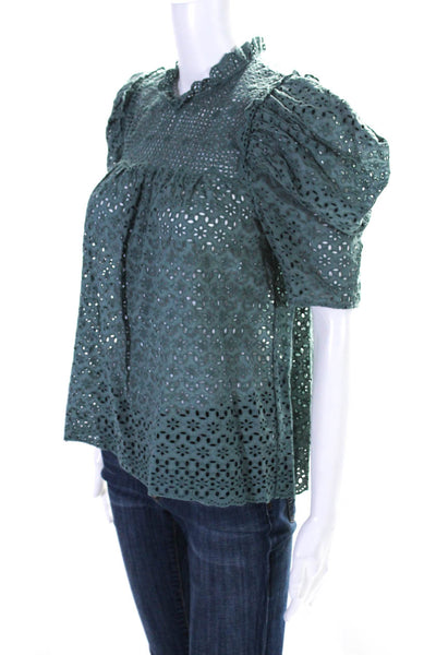 Ulla Johnson Womens Embroidered Eyelet Puff Sleeve Top Blouse Teal Blue Size 0