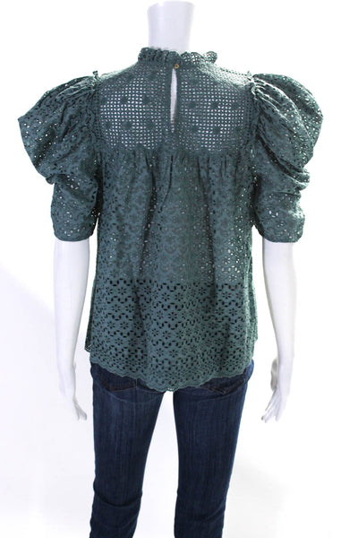 Ulla Johnson Womens Embroidered Eyelet Puff Sleeve Top Blouse Teal Blue Size 0