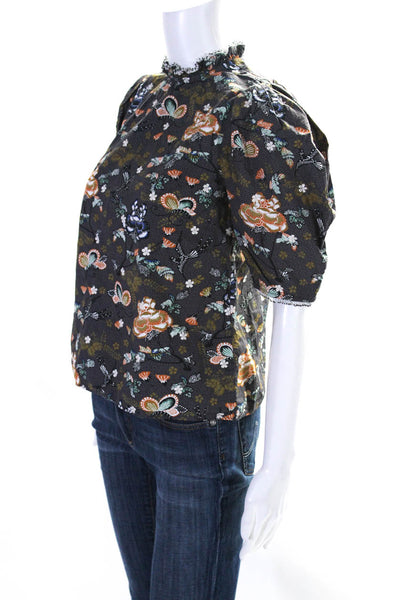 Ulla Johnson Women Floral Poplin Puff Sleeve Top Blouse Gray Orange Blue Size 00