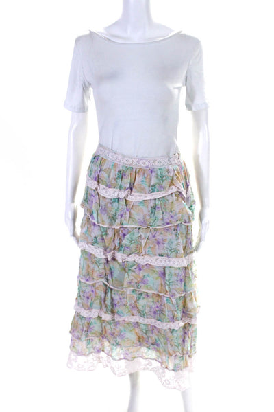 Love Shack Fancy Womens Watercolor Floral Tiered Midi Skirt Blue Purple Small