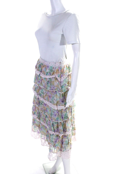 Love Shack Fancy Womens Watercolor Floral Tiered Midi Skirt Blue Purple Small