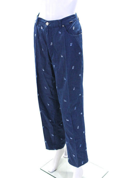 Escada Sport Womens Blue Cotton Floral Embroidered Pleated Straight Pants Size42