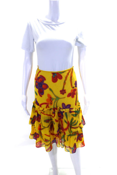 Ralph Lauren Black Label Womens Yellow Cotton Floral Ruffle A-Line Skirt Size 12