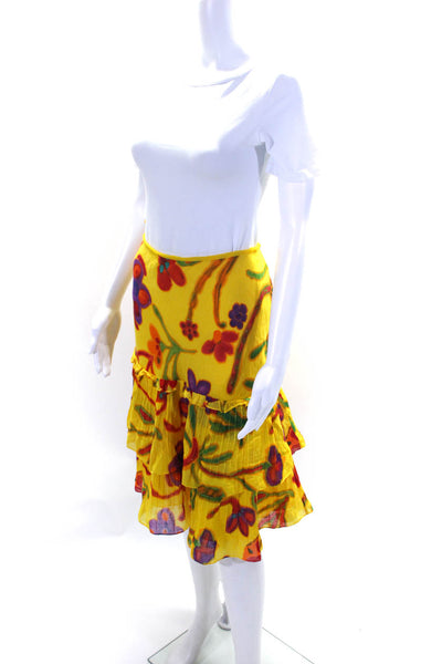 Ralph Lauren Black Label Womens Yellow Cotton Floral Ruffle A-Line Skirt Size 12