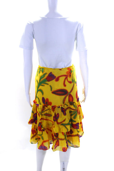 Ralph Lauren Black Label Womens Yellow Cotton Floral Ruffle A-Line Skirt Size 12