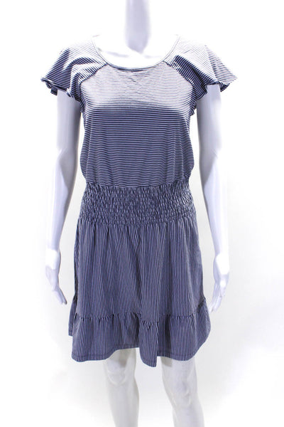 Parker Womens Short Sleeve Scoop Neck Striped Smocked Dress Blue White Small